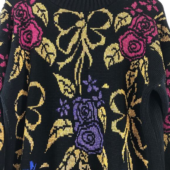 Vintage Metallic Knit Floral Rose Pullover Chunky Knit Holiday Sweater USA Made - Picture 6 of 8